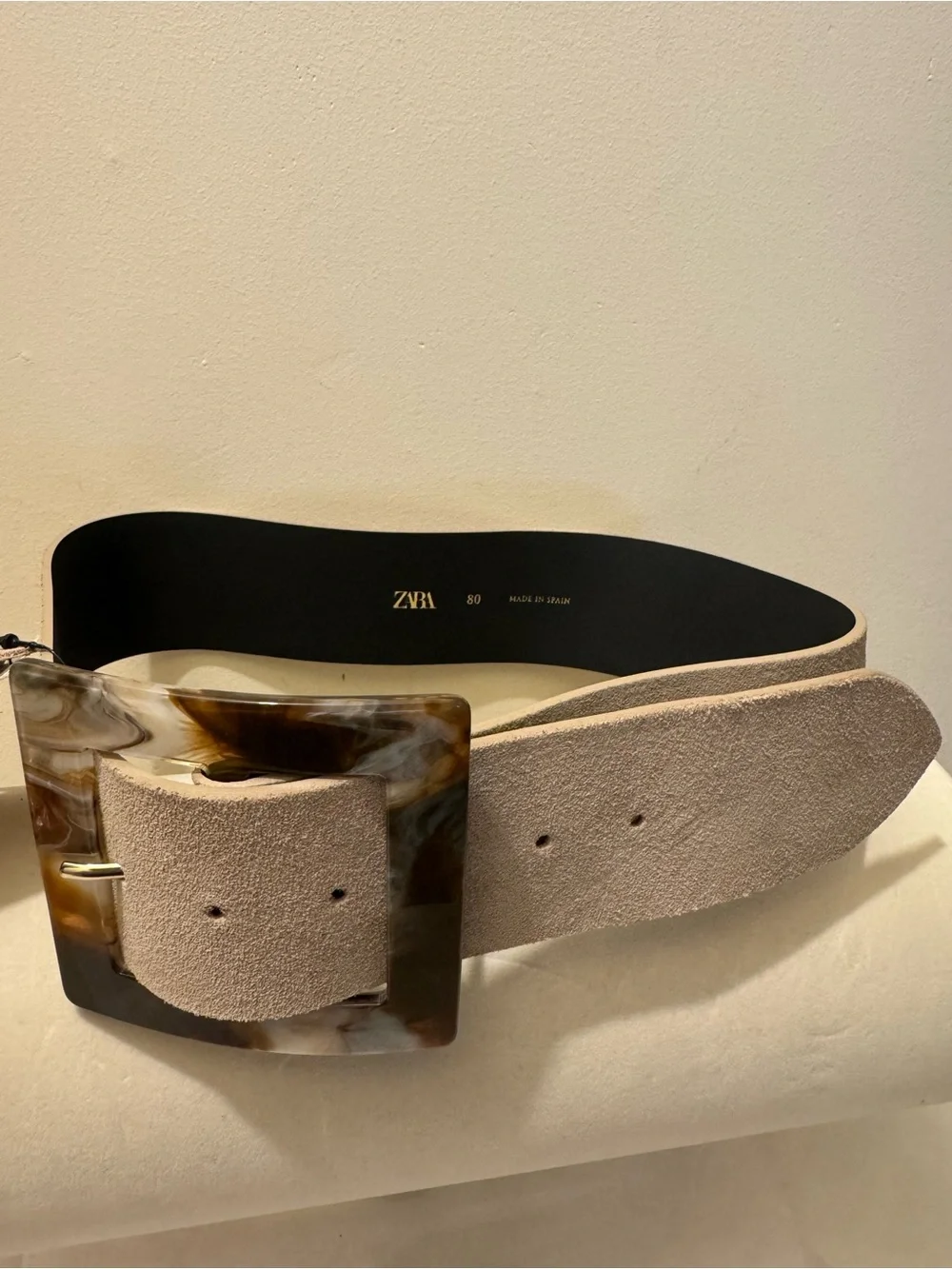NWT Zara Genuine Suede Belt with Marbled Square Buckle & Dust Bag Size 80 / 30